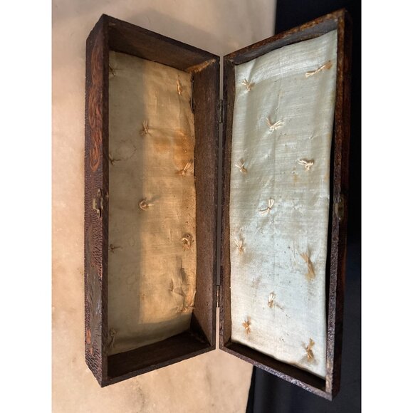 Antique Handcrafted Wooden Jewelry Box With Etching of Woman Satin Lining & Carv - Picture 4 of 9